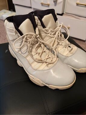 Jordan 11s Cement Gray White High-Top Athletic Sneakers with Black Collar